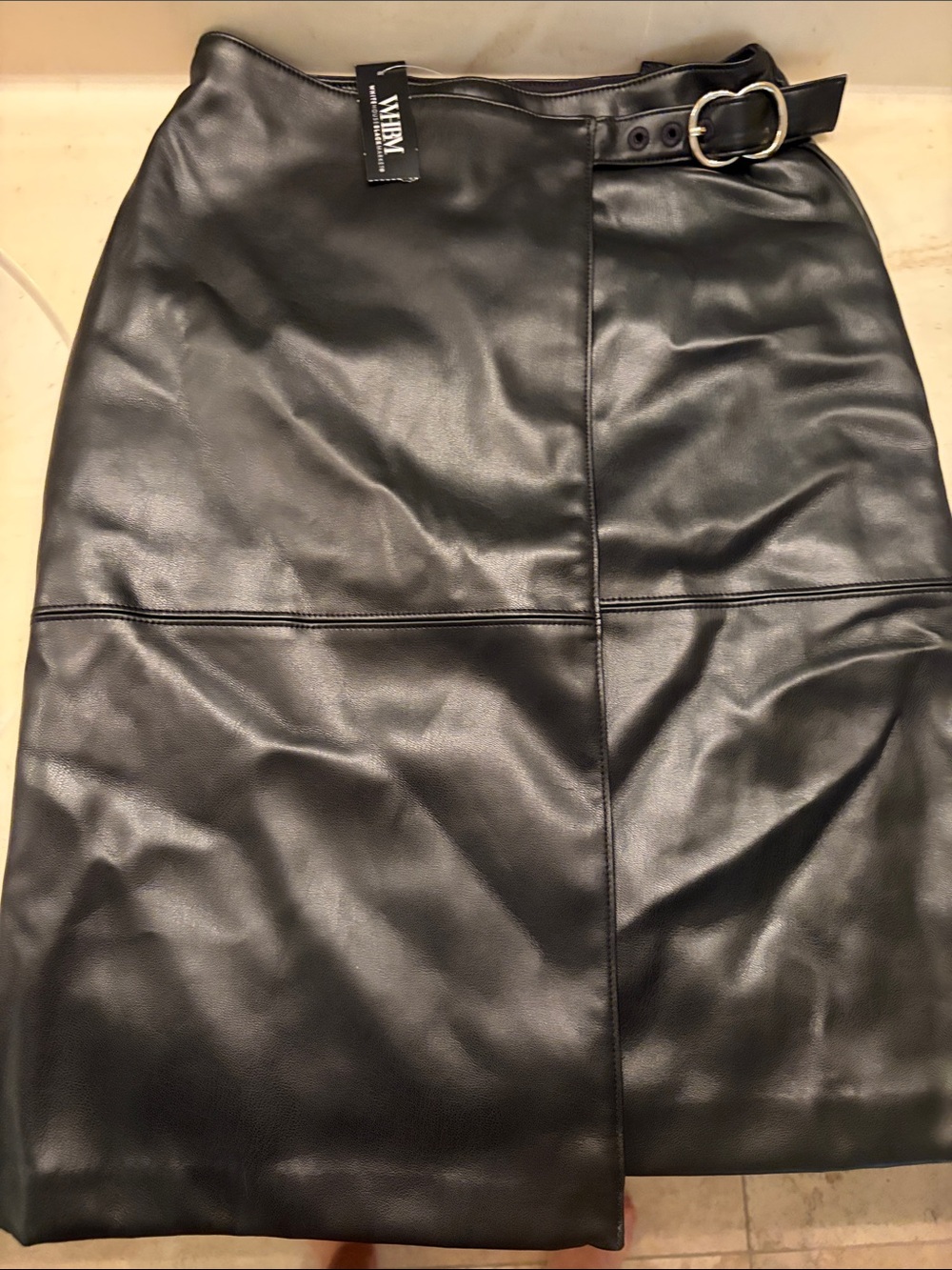White House Black Market Black Faux Leather Pencil Skirt with Buckle Belt